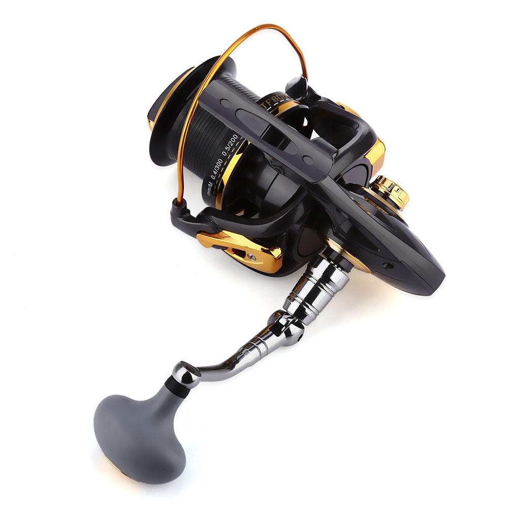 Fishing reel with black and gold design on a white background