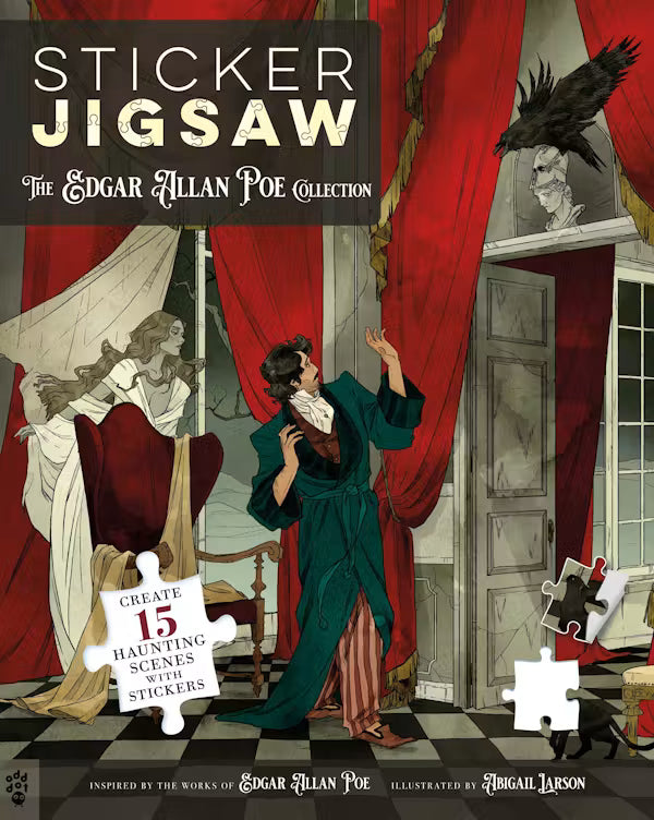 Sticker Jigsaw book cover with illustration of a woman and man in a room, inspired by Edgar Allan Poe.