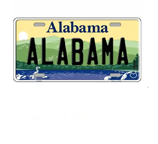 Alabama license plate with scenic design on a white background