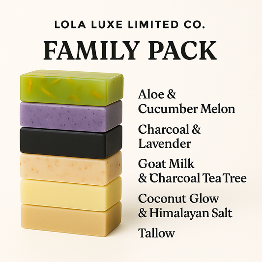 Stack of 6 soap bars with color labels and 'Lola Luxe Limited Co.' branding.