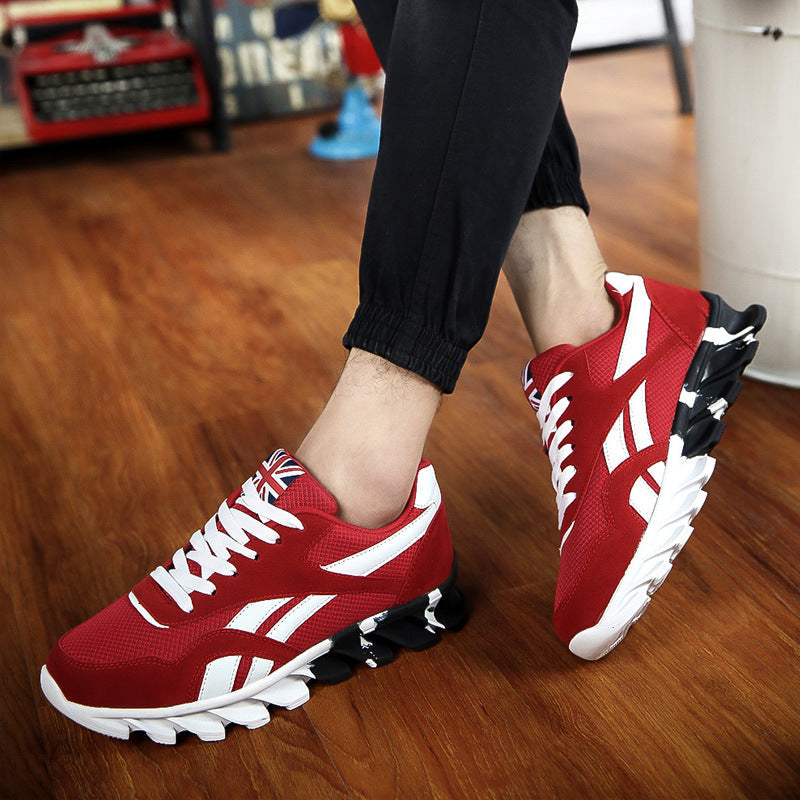 Red sneakers with white soles on a wooden floor
