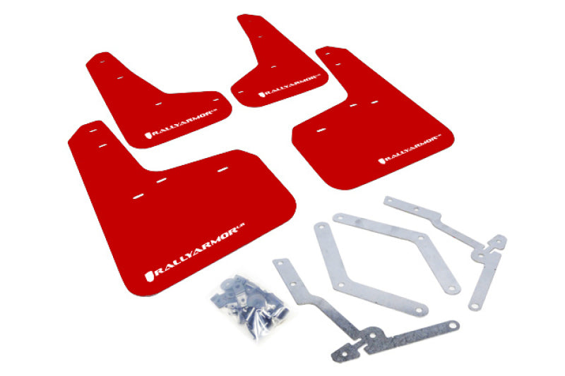 Set of red mud flaps with mounting brackets on a white background