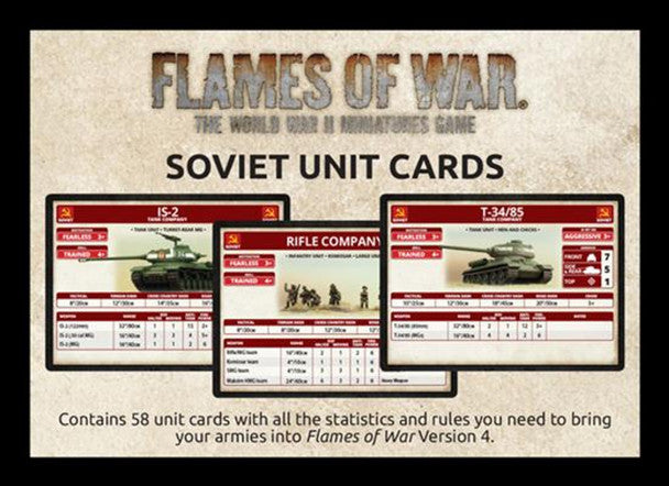 Promotional image for 'Flames of War' Soviet unit cards with tank graphics and text.