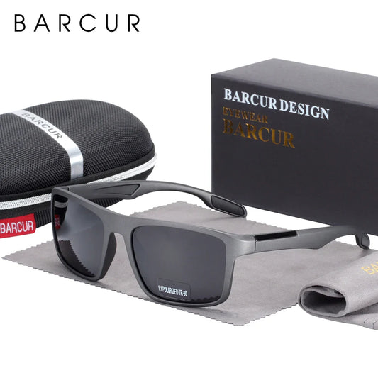 Barcur sunglasses with case and cleaning cloth on a white background
