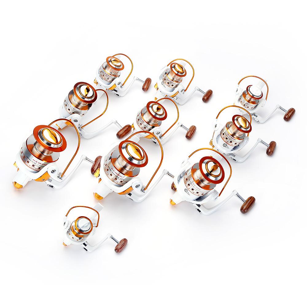 Multiple fishing reels arranged in a circular pattern on a white background
