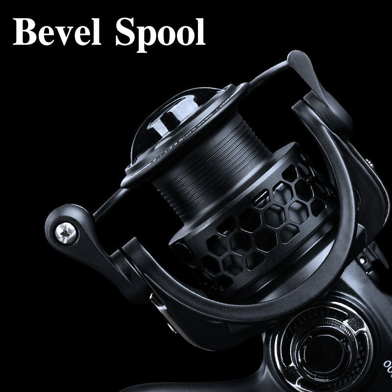 Fishing reel with bevel spool on a black background