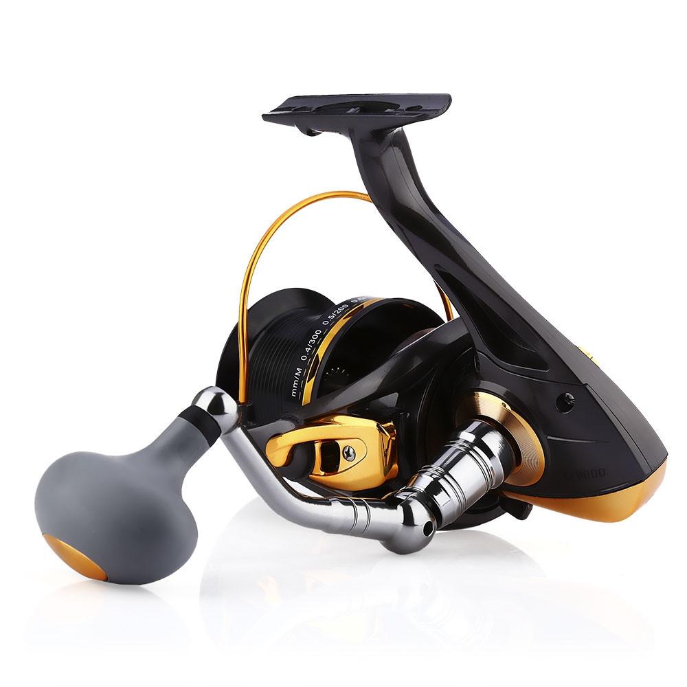 Fishing reel with black, gold, and gray design on a white background