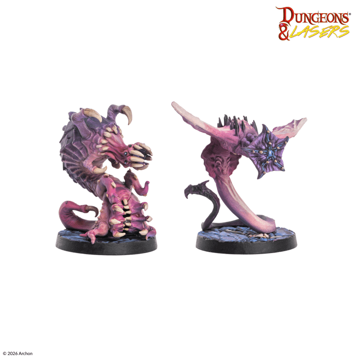 Two fantasy dragon figurines on bases with 'Dungeons & Lasers' logo above.