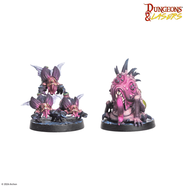 Two fantasy miniatures on round bases with 'Dungeons & Lasers' logo above.