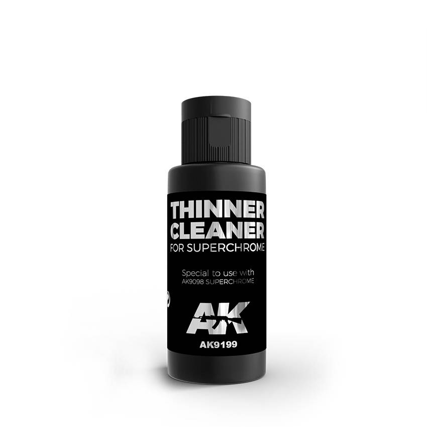Black bottle of thinner cleaner for superchrome with AK Interactive branding on a white background