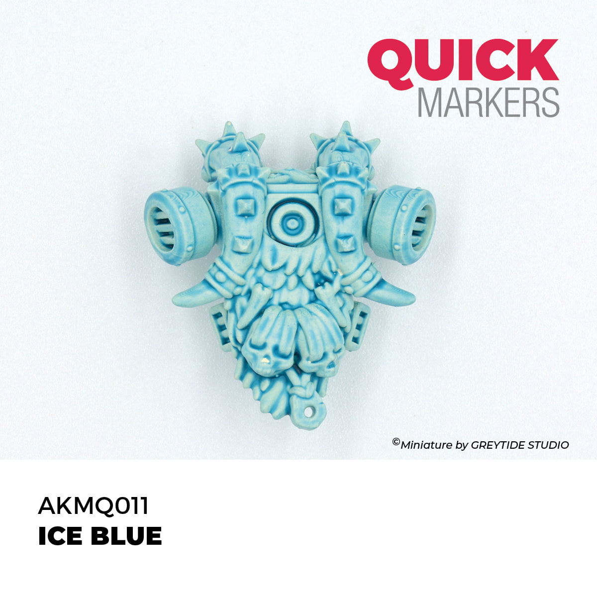 Turquoise mask-like object with 'Quick Markers' branding on a white background