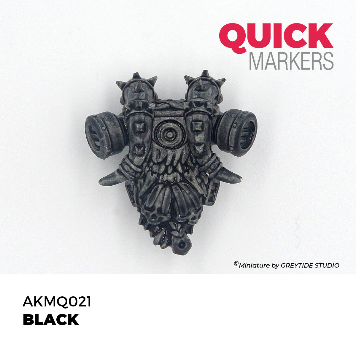 Black gas mask miniature with 'Quick Markers' branding on a white background