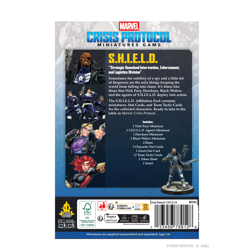 Marvel Crisis Protocol S.H.I.E.L.D. miniatures game packaging with character illustrations and text.