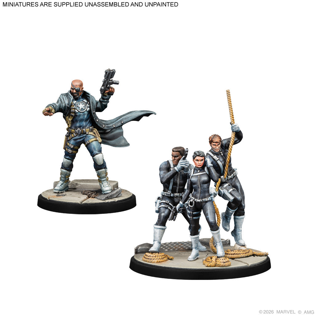 Four miniature figures on a white background with Marvel branding.