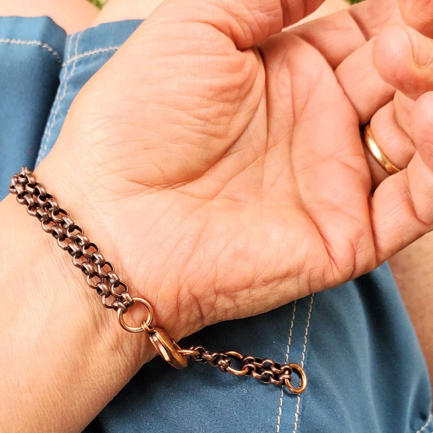 Adjustable Handmade Sculpted Copper Channel Silver Mesh Cuff Bracelet