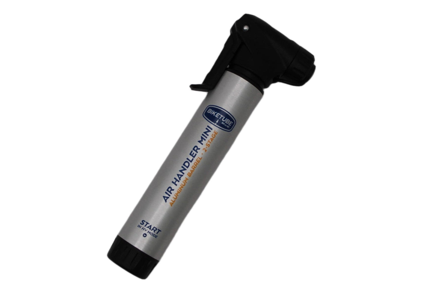 Silver and black air handle pump on a white background