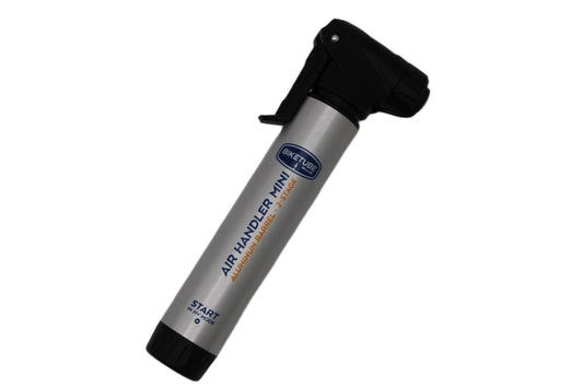 Silver and black air handle pump on a white background