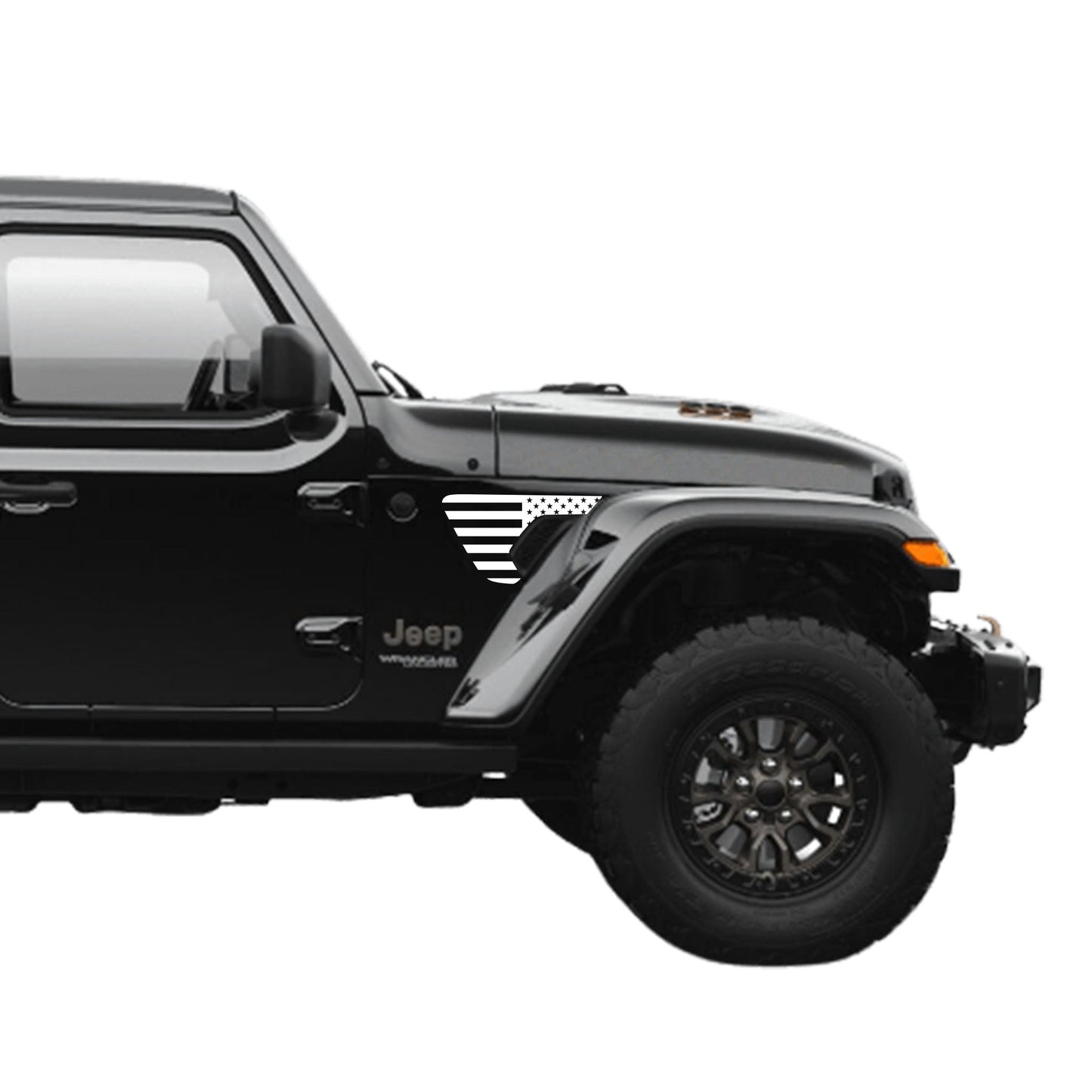 Black Jeep Wrangler with vent decal on a white background
