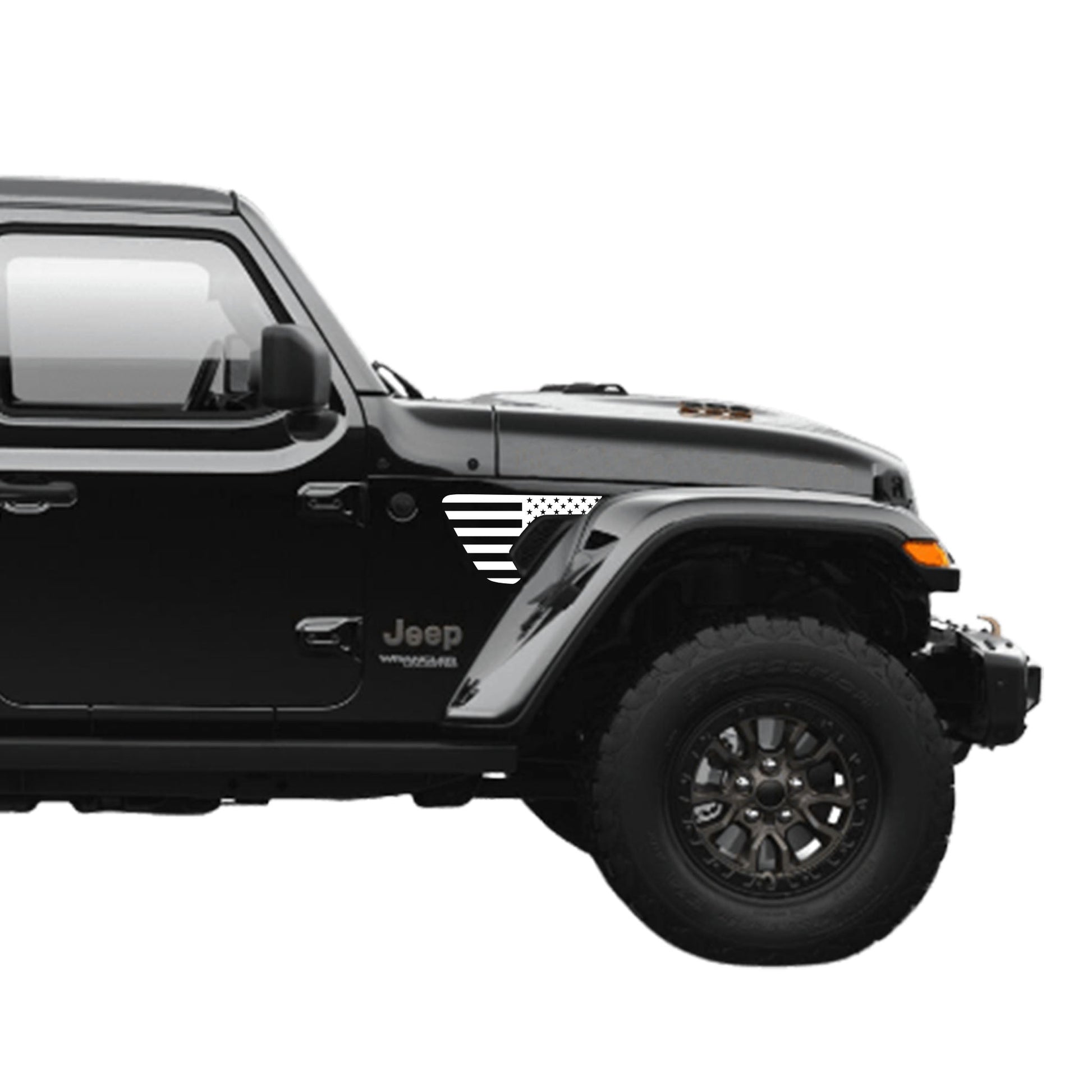Black Jeep Wrangler with vent decal on a white background