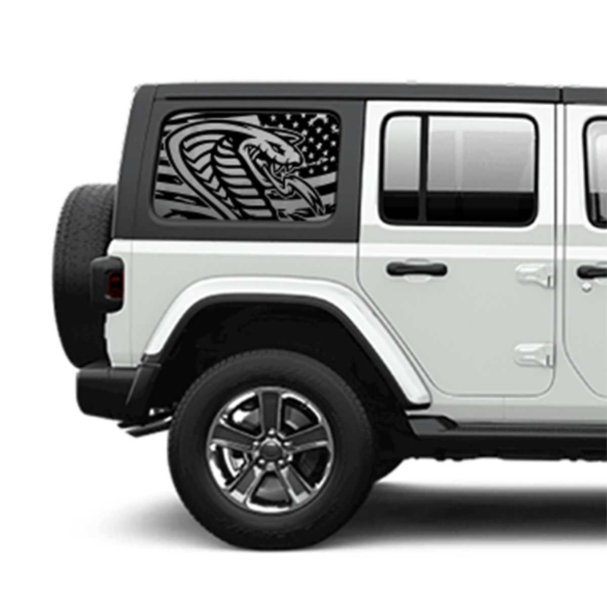 White Jeep Wrangler with a snake and American flag design on the window.