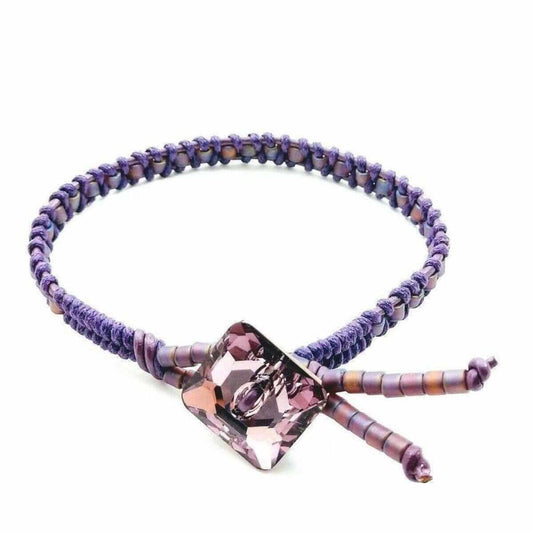 Amethyst Braided Leather Swarovski Crystal Square Button Bracelet. Purple beaded bracelet with a pink crystal clasp on a white background