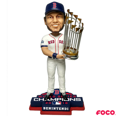 Bobblehead of a red sox baseball player holding a trophy with 'FOCO' branding on a white background