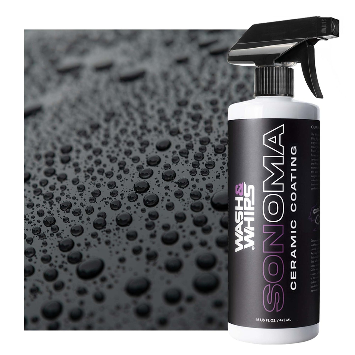 Spray bottle labeled 'Wash & Wax Sonoma Ceramic Coating' on a black textured background
