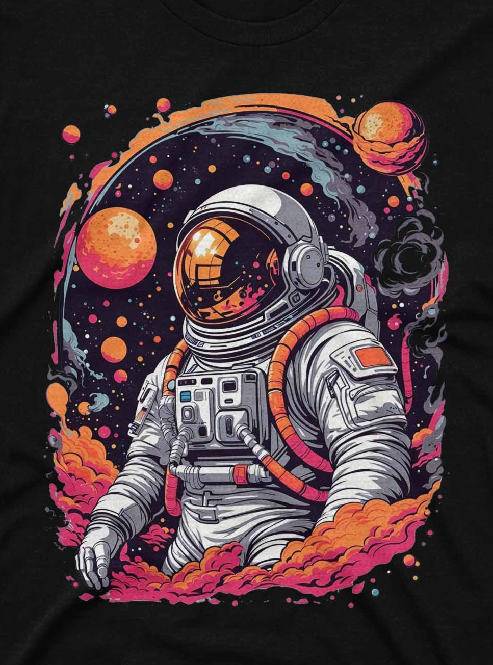 T-shirt with an astronaut design featuring planets and space on a black background
