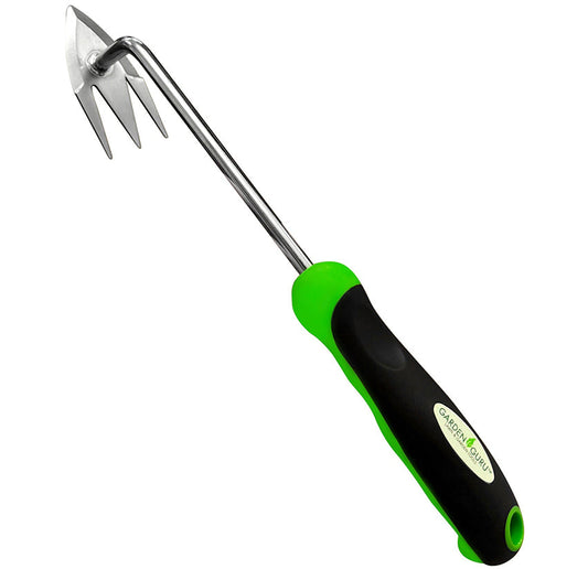 Gardening tool with green and black handle on a white background