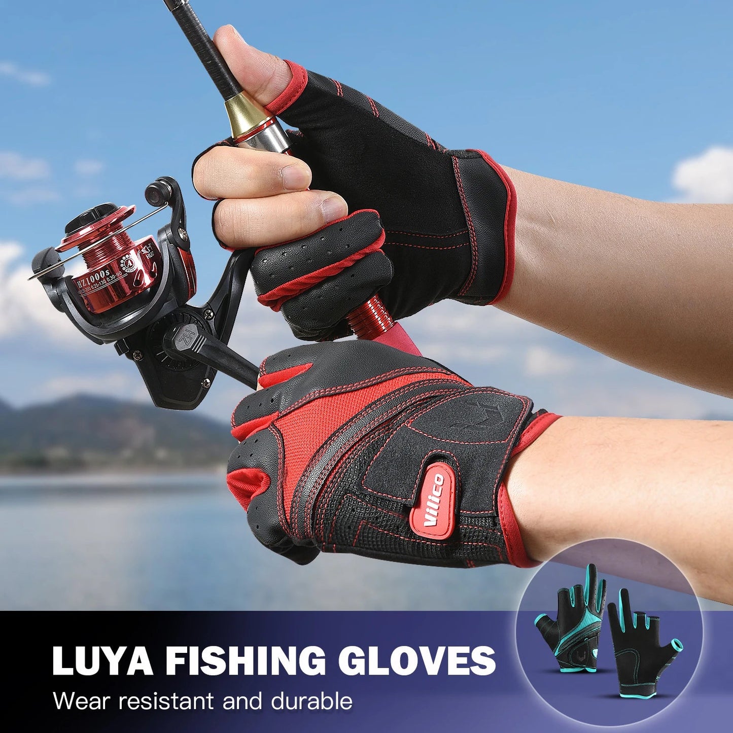 Fishing gloves with a fishing rod against a scenic background