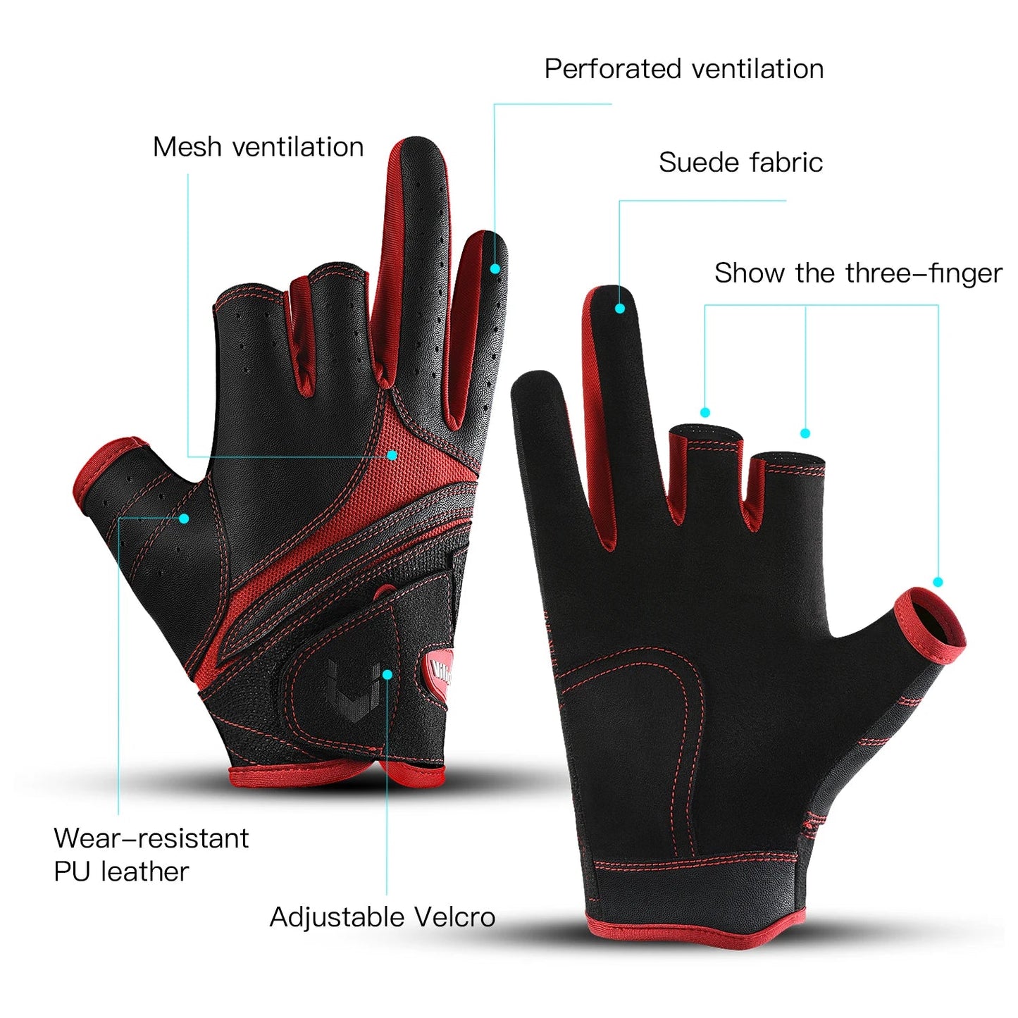 Black and red gloves with features highlighted on a white background