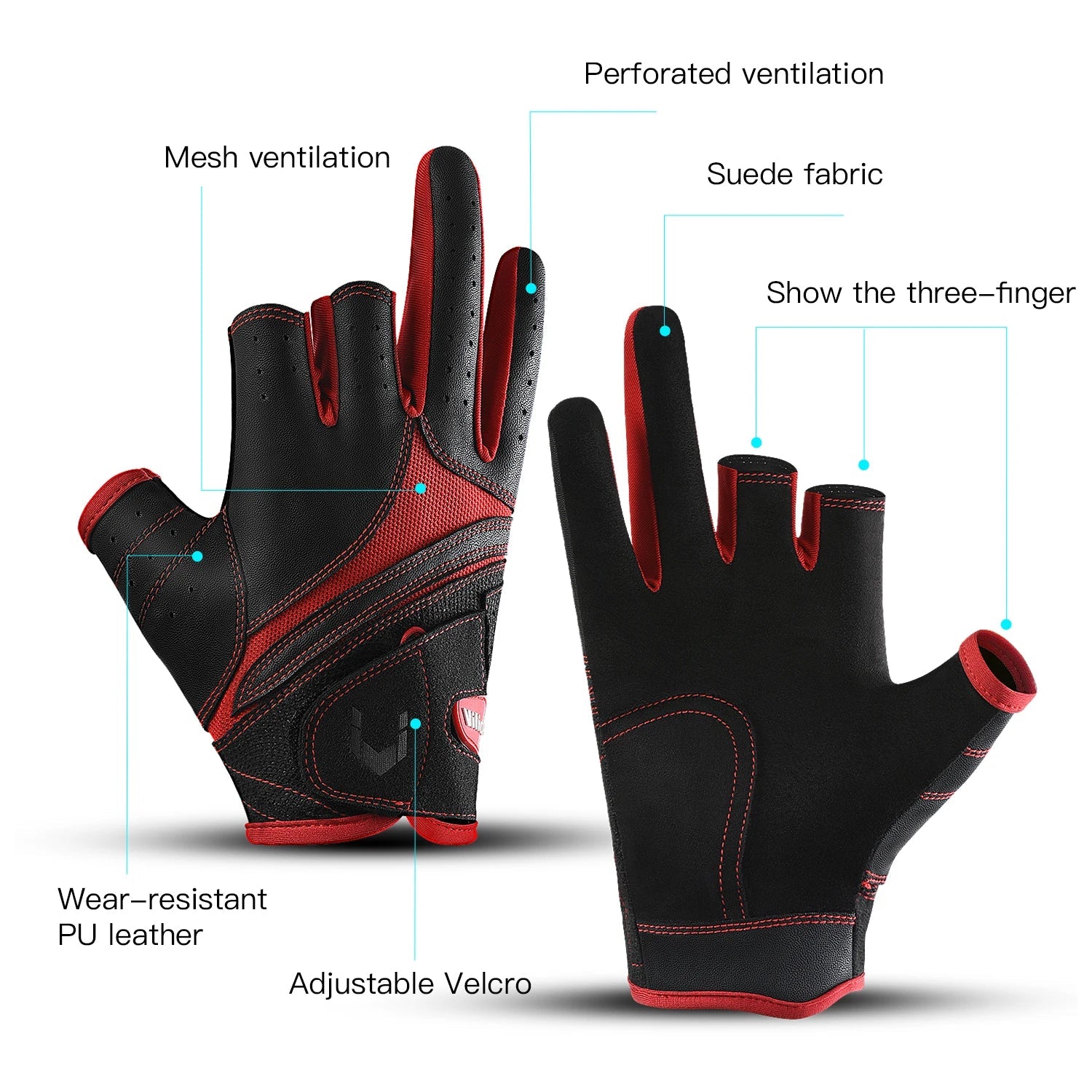 Black and red gloves with features highlighted on a white background