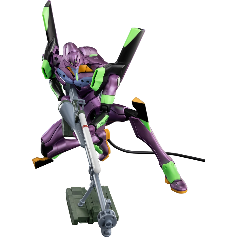 Model kit of a purple and green robot on a white background