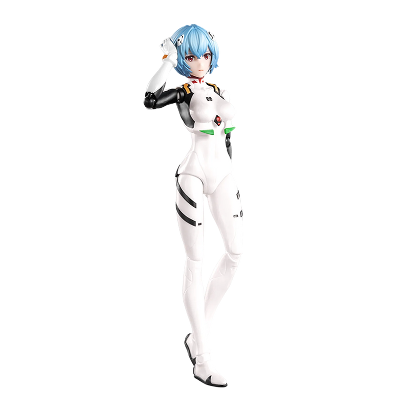 Character in a white and black outfit with blue hair on a white background