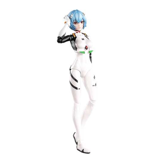 Character in a white and black outfit with blue hair on a white background