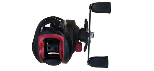 Fishing reel with red accents on a white background