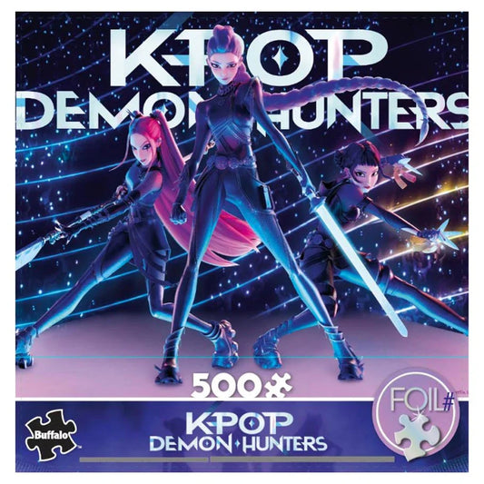 K-POP Demon Hunters puzzle box with characters and text on a dark background