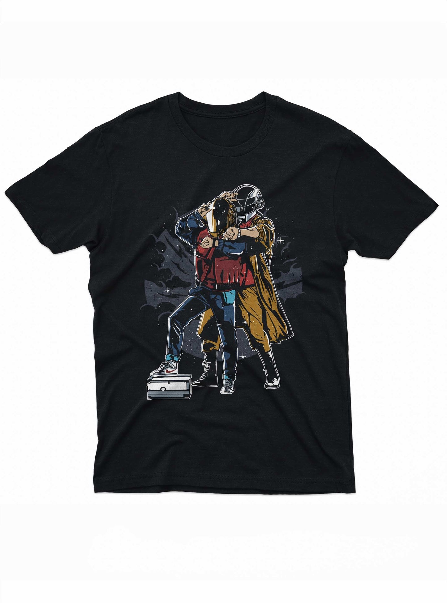 Black t-shirt with graphic design of two characters fighting