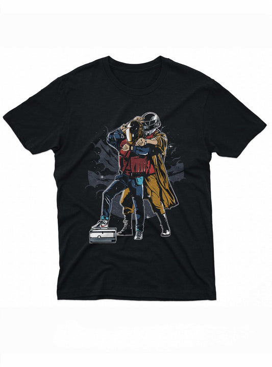 Black t-shirt with graphic design of two characters fighting