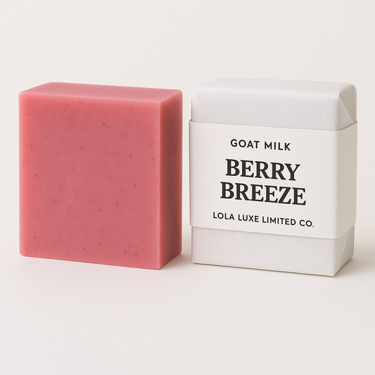 Berry Breeze- Mixed Berry Scented Handmade Soap. Pink bar of soap next to its white packaging