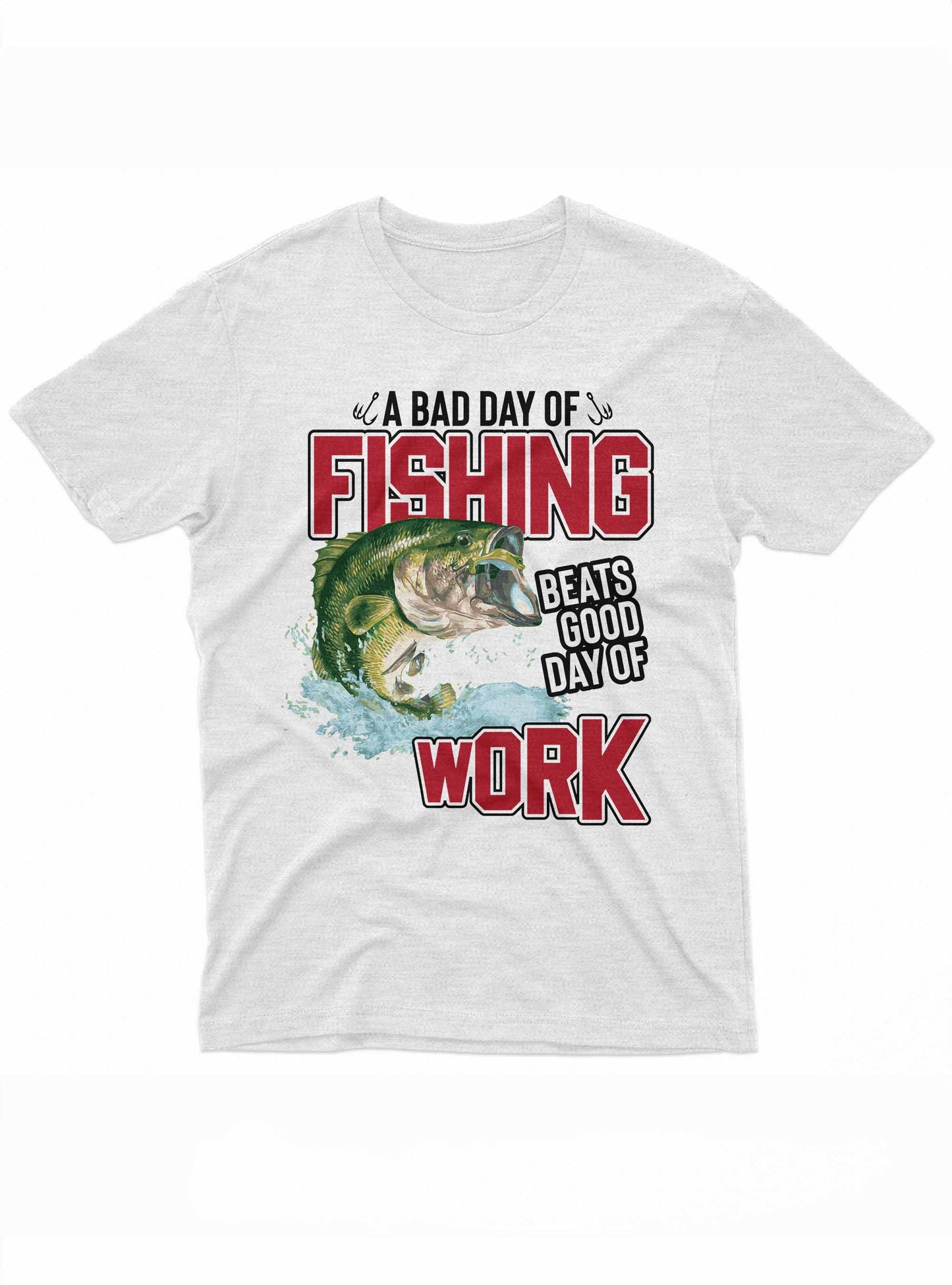 White t-shirt with fishing graphic and text on a white background