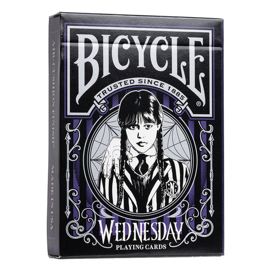 Bicycle Wednesday playing cards packaging with a black and white illustration of a character.