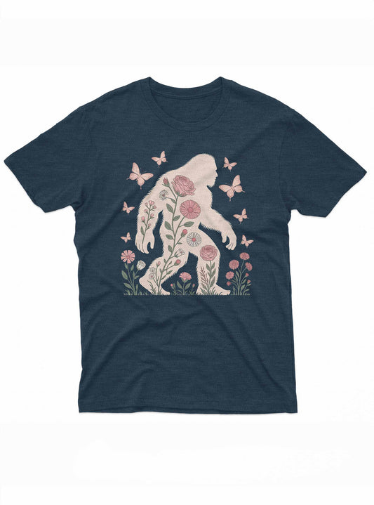 Navy blue t-shirt with a floral bigfoot design on a white background