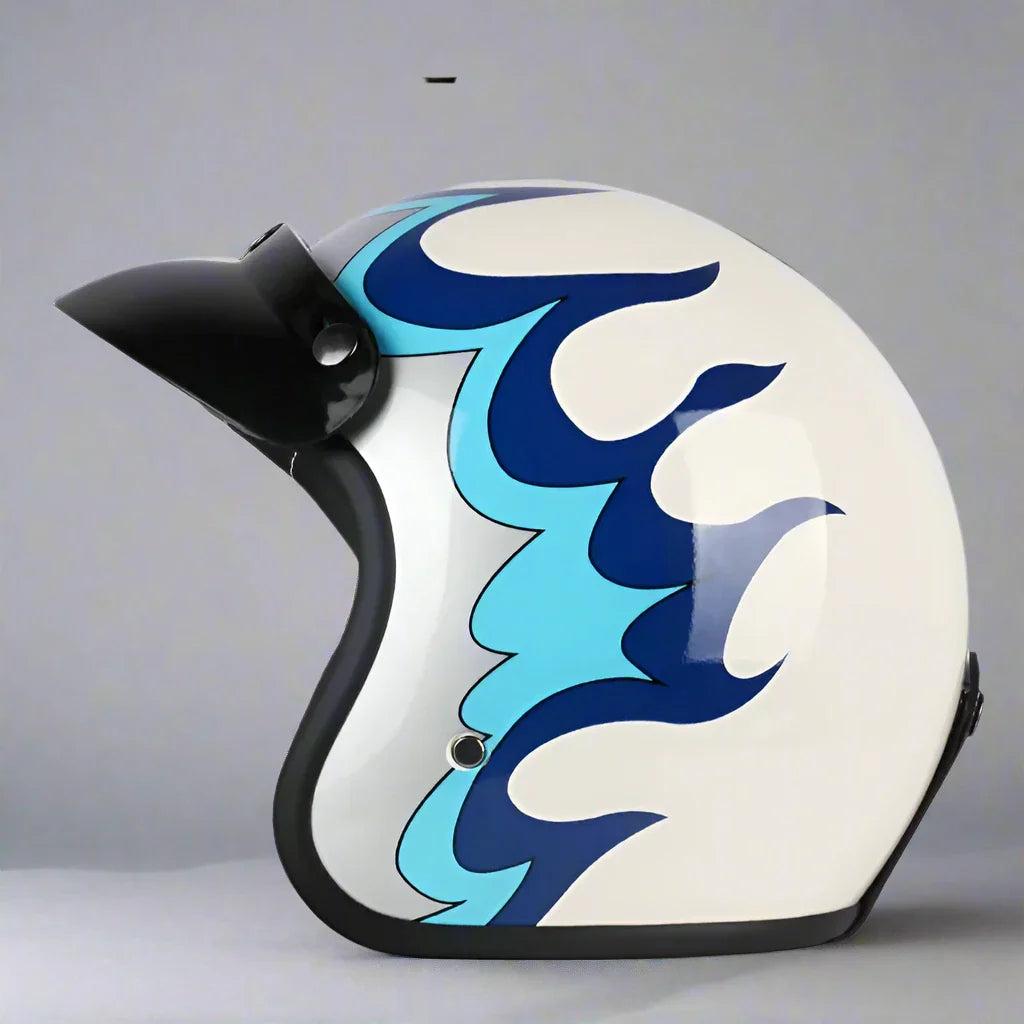 Helmet with blue flame design on a gray background