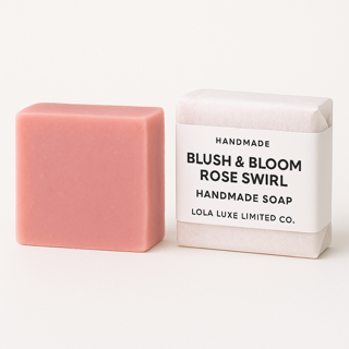 Blush & Bloom Rose Swirl Handmade Soap bar with packaging on a white background