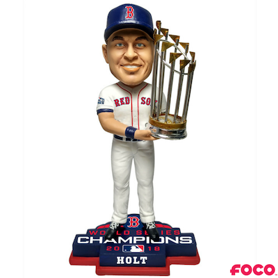 Bobblehead of a red sox baseball player holding a trophy with 'FOCO' branding on a white background