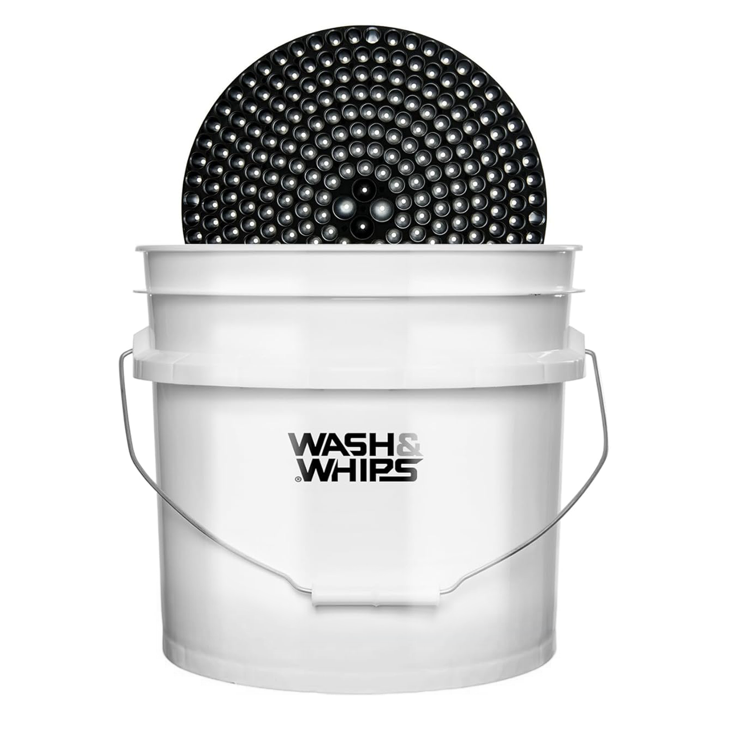 White bucket with black scrubber inside, branded 'Wash & Whips', on a white background