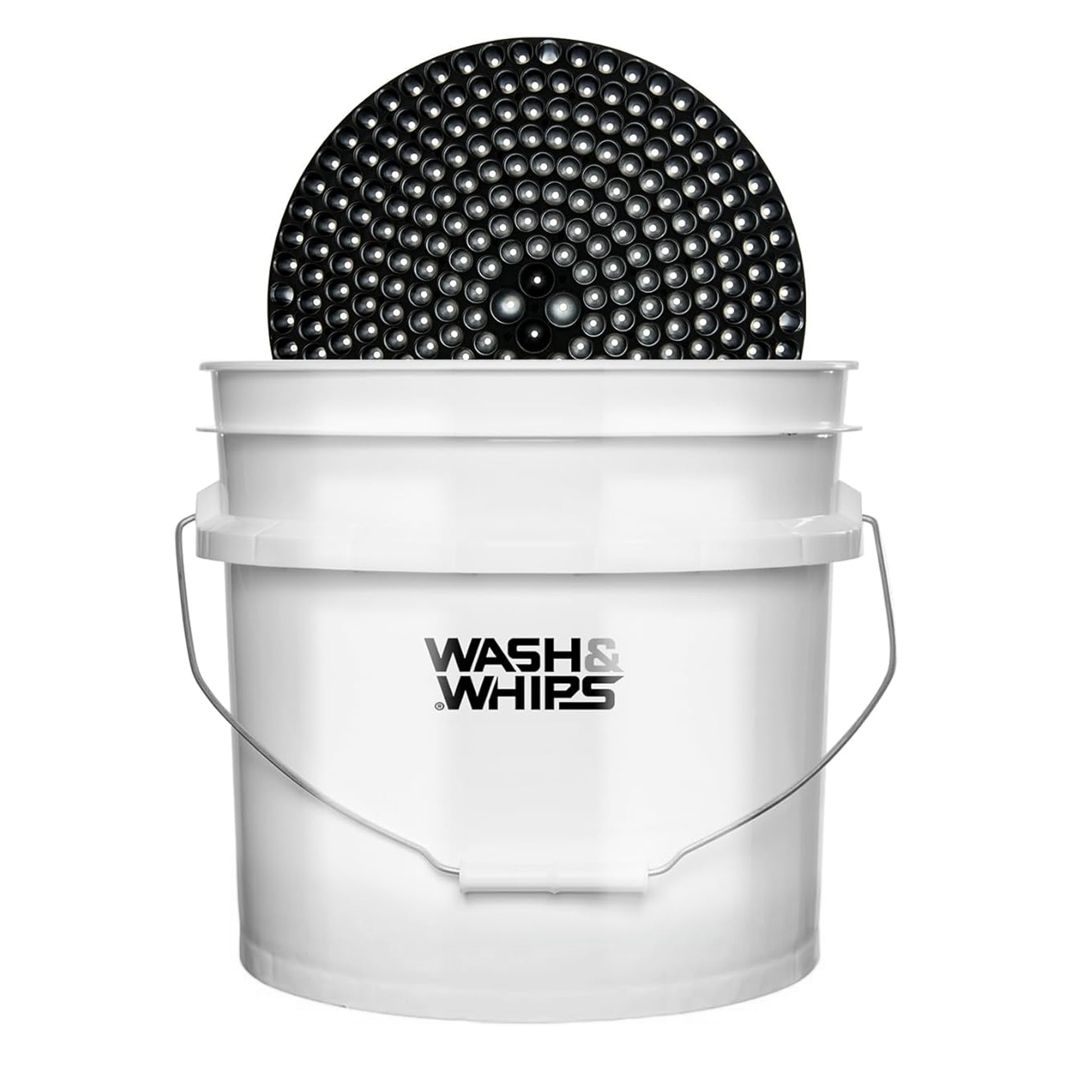 White bucket with black scrubber inside, branded 'Wash & Whips', on a white background