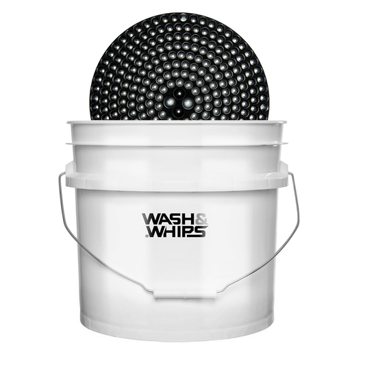 White bucket with black scrubber inside, branded 'Wash & Whips', on a white background
