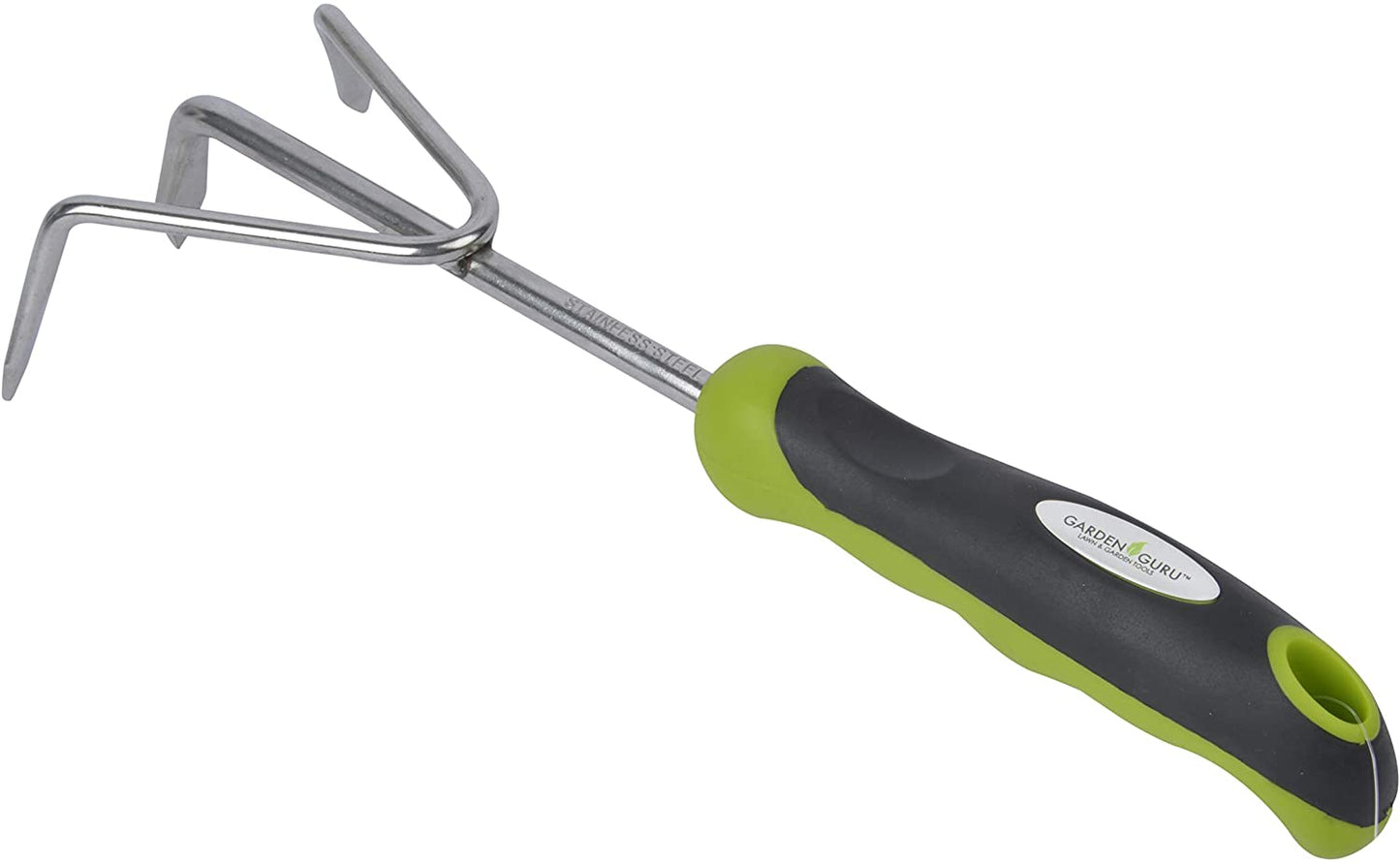 Gardening tool with green and black handle on a white background